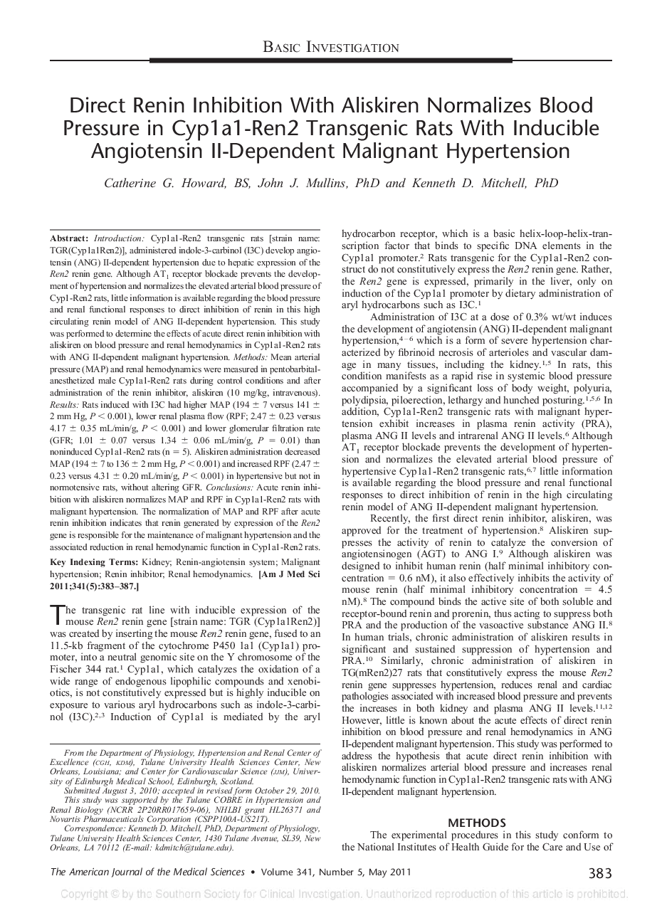 Direct Renin Inhibition With Aliskiren Normalizes Blood Pressure in Cyp1a1-Ren2 Transgenic Rats With Inducible Angiotensin II-Dependent Malignant Hypertension