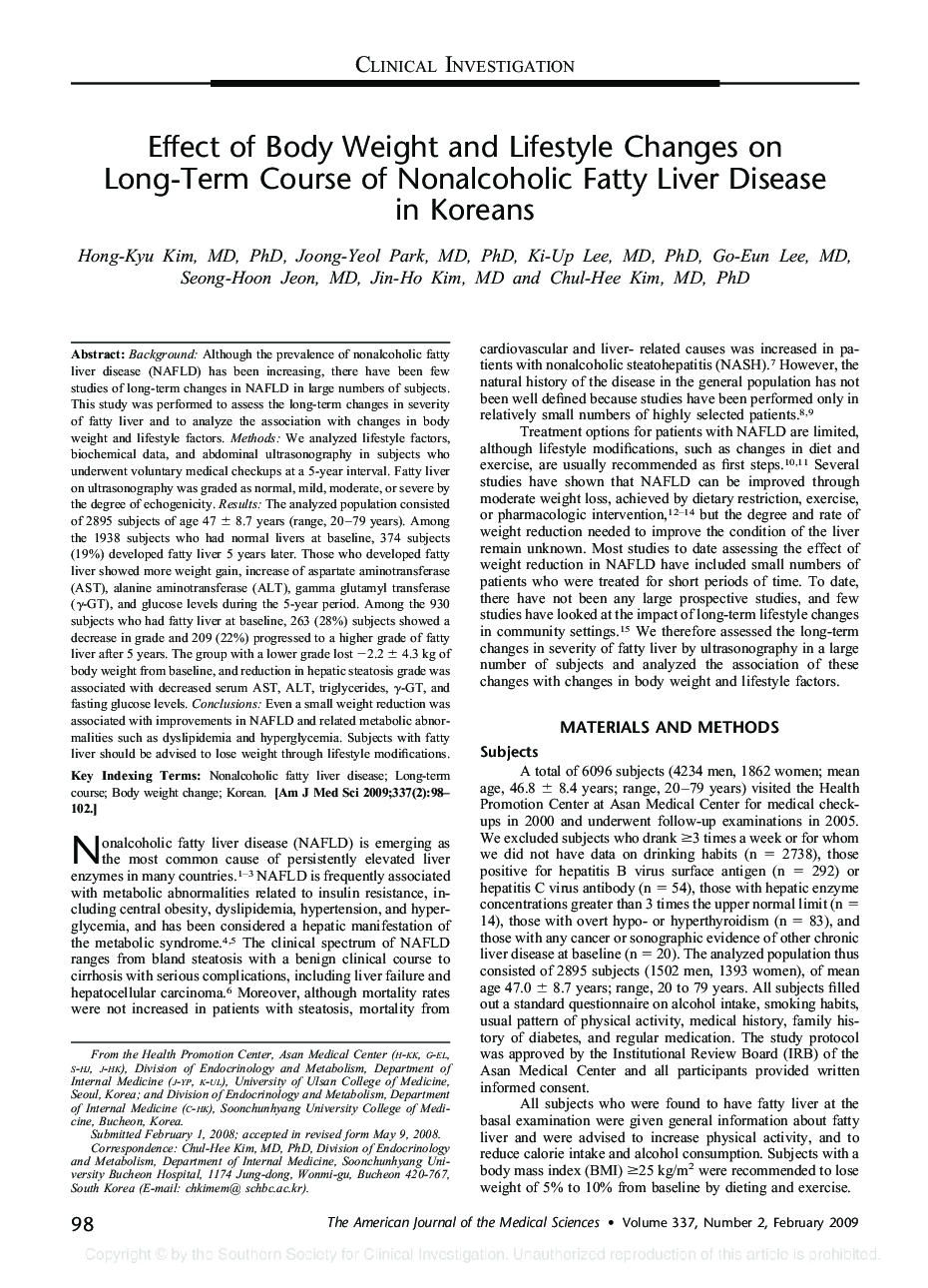 Effect of Body Weight and Lifestyle Changes on Long-Term Course of Nonalcoholic Fatty Liver Disease in Koreans