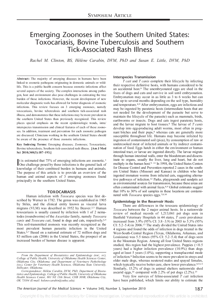 Emerging Zoonoses in the Southern United States: Toxocariasis, Bovine Tuberculosis and Southern Tick-Associated Rash Illness