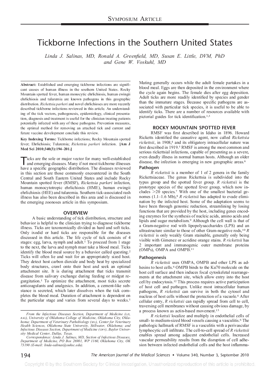 Tickborne Infections in the Southern United States