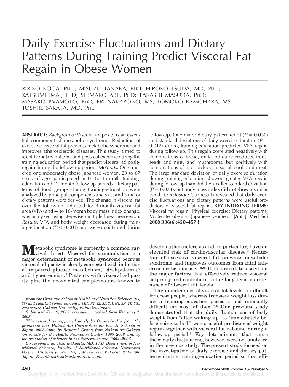 Daily Exercise Fluctuations and Dietary Patterns During Training Predict Visceral Fat Regain in Obese Women