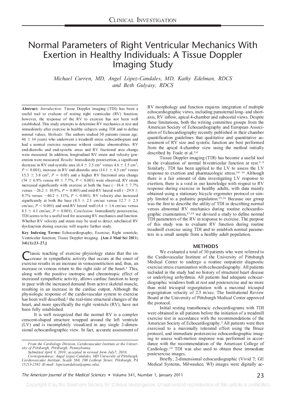 Normal Parameters of Right Ventricular Mechanics With Exertion in Healthy Individuals: A Tissue Doppler Imaging Study