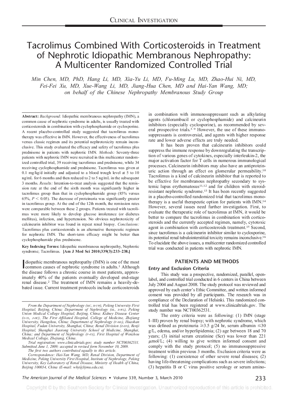 Tacrolimus Combined With Corticosteroids in Treatment of Nephrotic Idiopathic Membranous Nephropathy: A Multicenter Randomized Controlled Trial