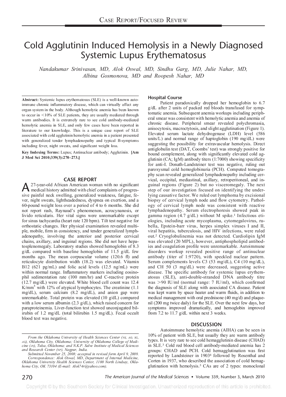 عکس صفحه اول مقاله: Cold Agglutinin Induced Hemolysis in a Newly Diagnosed Systemic Lupus Erythematosus Cold Agglutinin Induced Hemolysis in a Newly Diagnosed Systemic Lupus Erythematosus