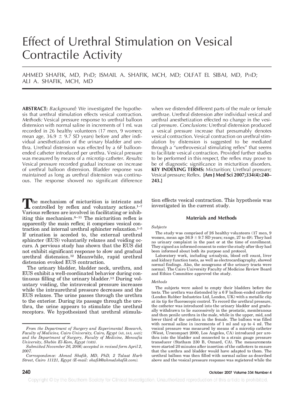 Effect of Urethral Stimulation on Vesical Contractile Activity