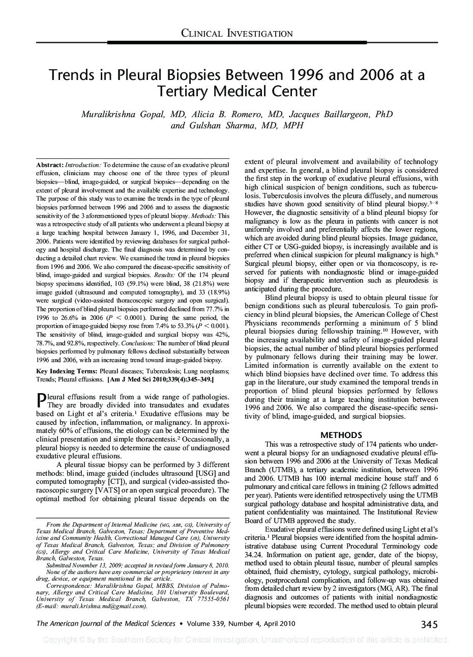 Trends in Pleural Biopsies Between 1996 and 2006 at a Tertiary Medical Center