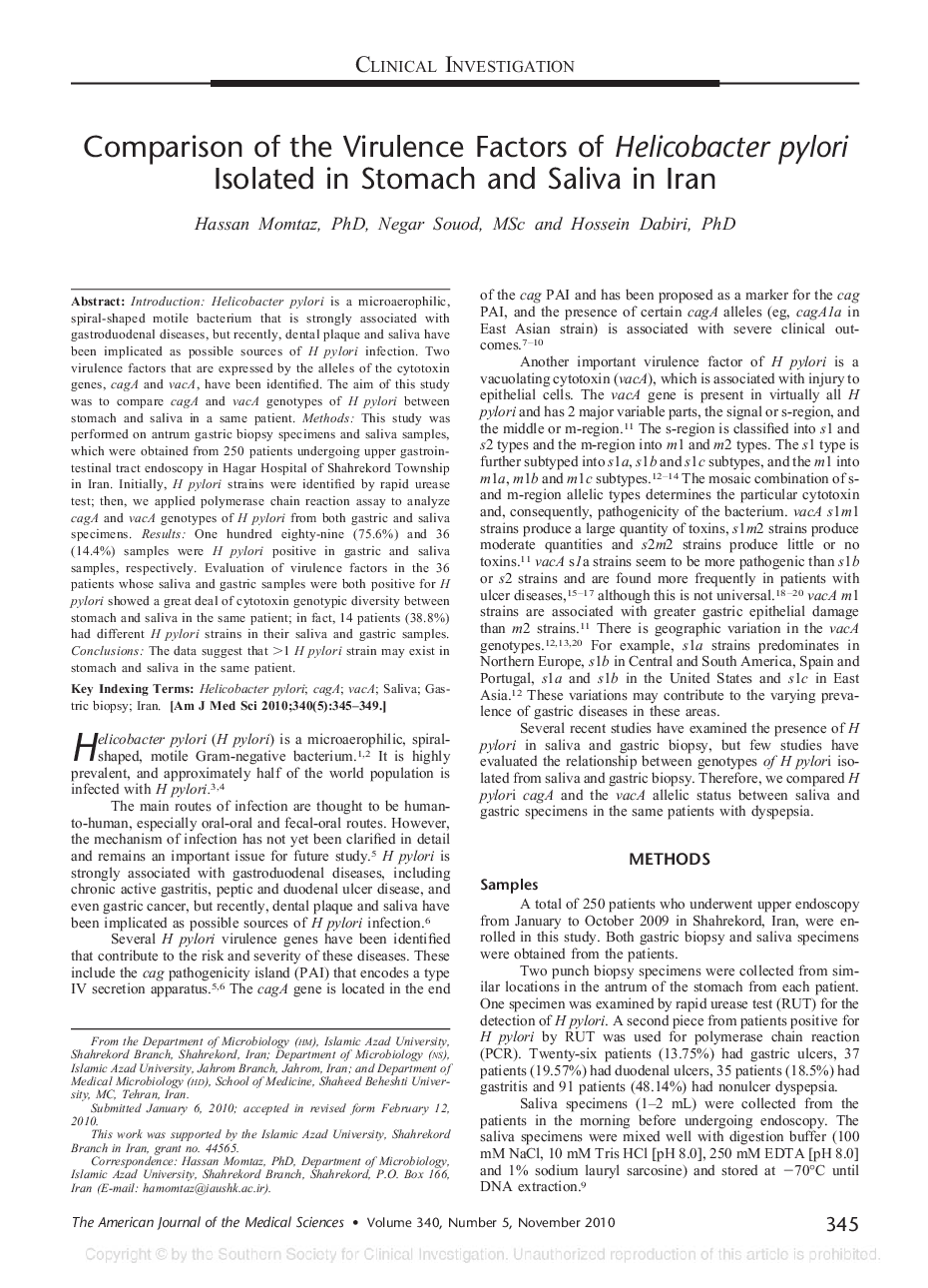 Comparison of the Virulence Factors of Helicobacter pylori Isolated in Stomach and Saliva in Iran