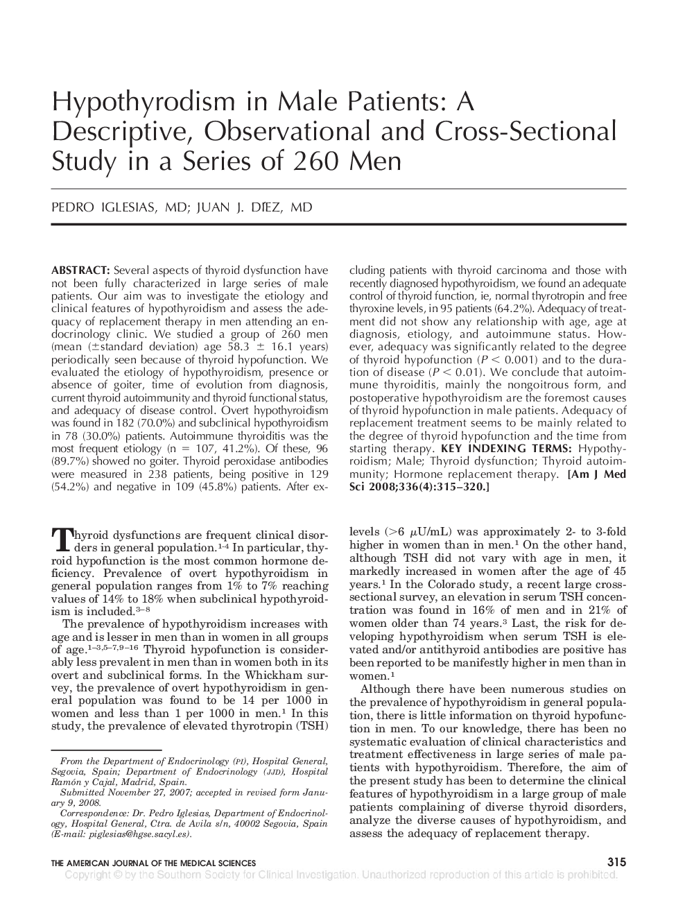 Hypothyrodism in Male Patients: A Descriptive, Observational and Cross-Sectional Study in a Series of 260 Men