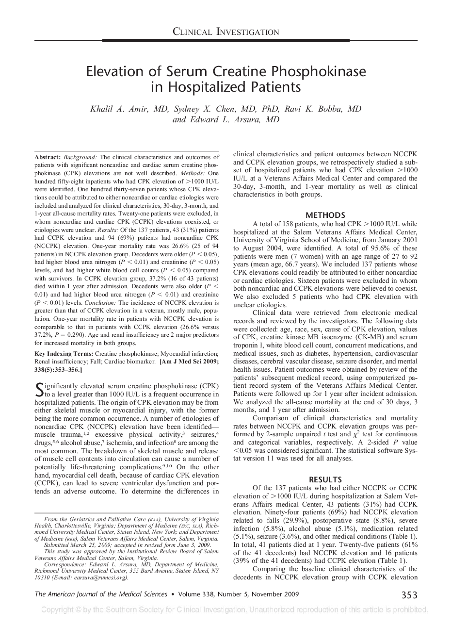 Elevation of Serum Creatine Phosphokinase in Hospitalized Patients