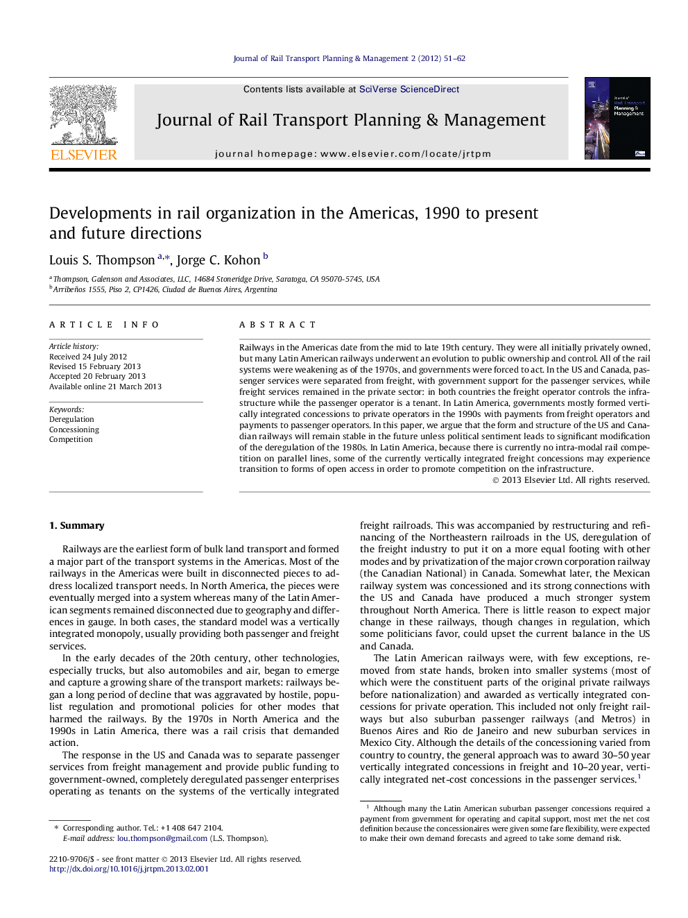 Developments in rail organization in the Americas, 1990 to present and future directions