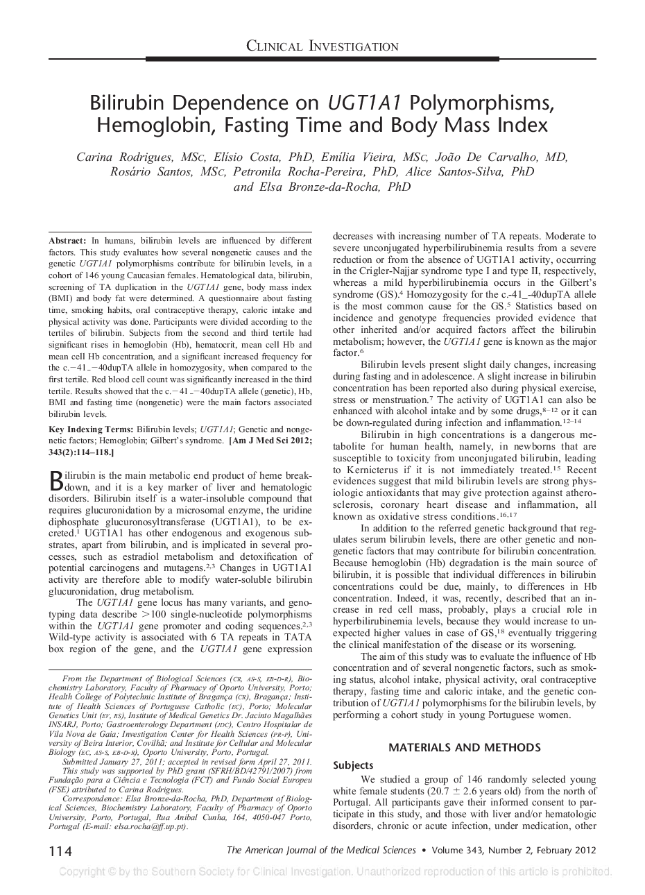 Bilirubin Dependence on UGT1A1 Polymorphisms, Hemoglobin, Fasting Time and Body Mass Index 