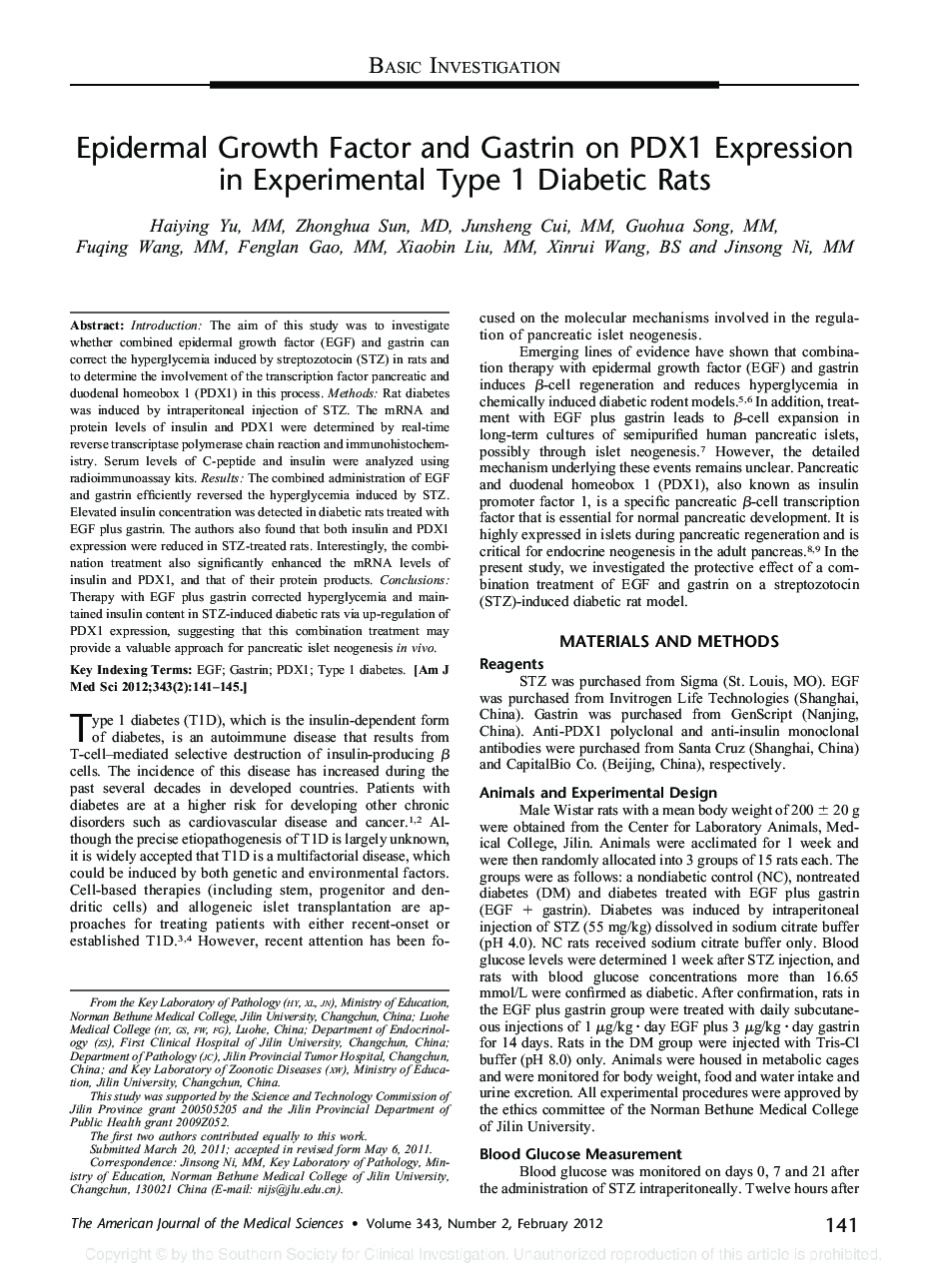 Epidermal Growth Factor and Gastrin on PDX1 Expression in Experimental Type 1 Diabetic Rats 