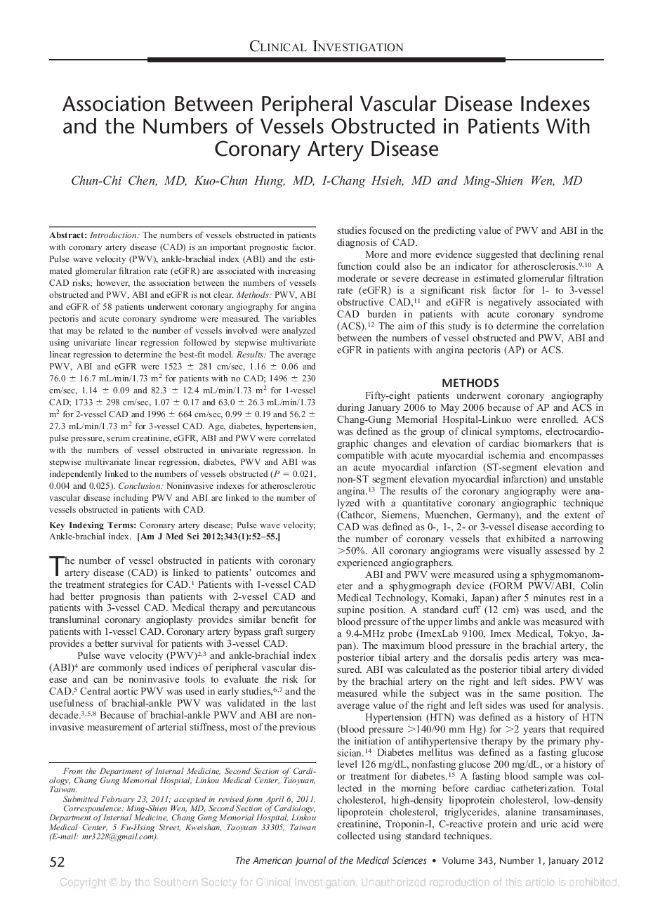 Association Between Peripheral Vascular Disease Indexes and the Numbers of Vessels Obstructed in Patients With Coronary Artery Disease