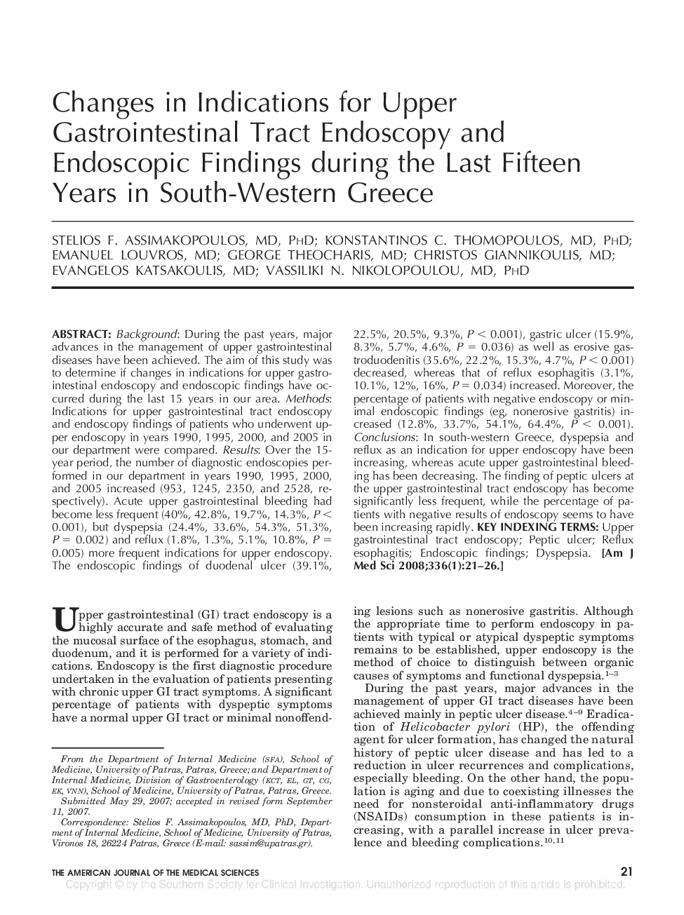 Changes in Indications for Upper Gastrointestinal Tract Endoscopy and Endoscopic Findings during the Last Fifteen Years in South-Western Greece