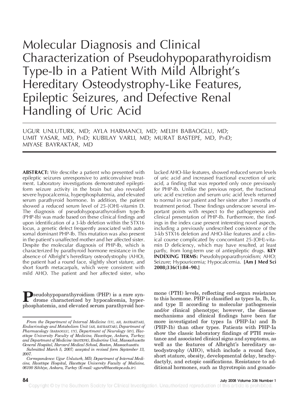 Molecular Diagnosis and Clinical Characterization of Pseudohypoparathyroidism Type-Ib in a Patient With Mild Albright's Hereditary Osteodystrophy-Like Features, Epileptic Seizures, and Defective Renal Handling of Uric Acid