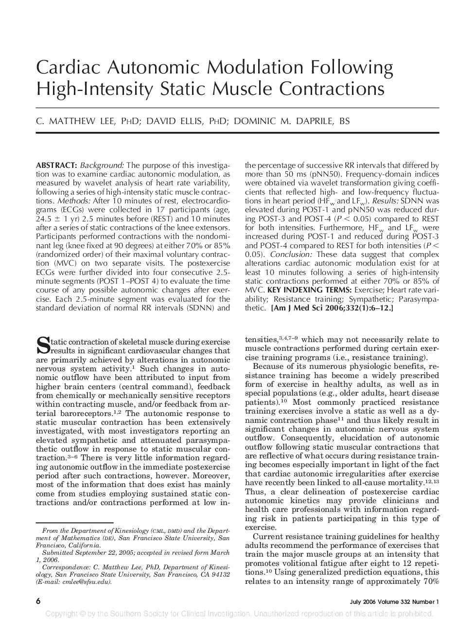 Cardiac Autonomic Modulation Following High-Intensity Static Muscle Contractions