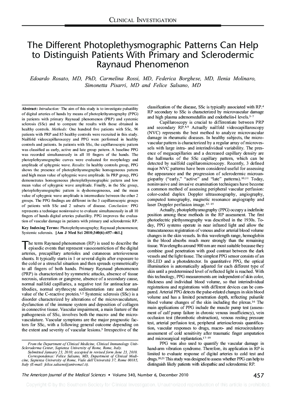 The Different Photoplethysmographic Patterns Can Help to Distinguish Patients With Primary and Sclerodermic Raynaud Phenomenon