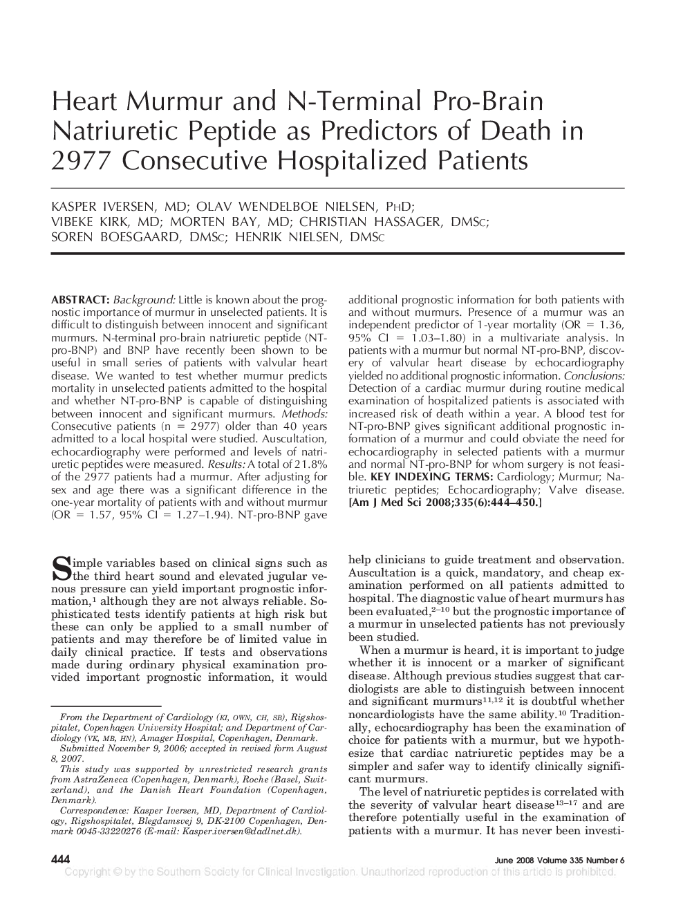 Heart Murmur and N-Terminal Pro-Brain Natriuretic Peptide as Predictors of Death in 2977 Consecutive Hospitalized Patients
