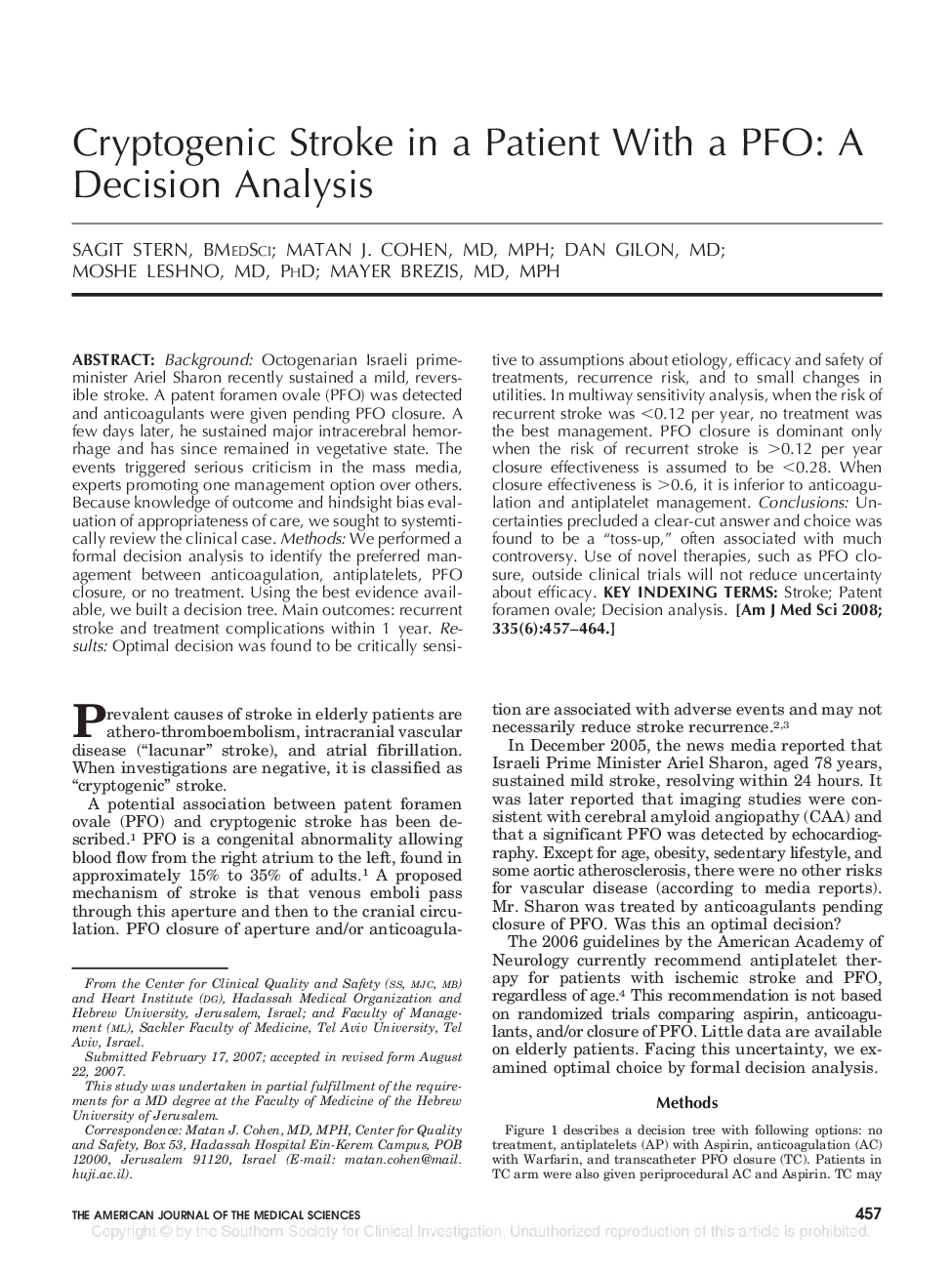 Cryptogenic Stroke in a Patient With a PFO: A Decision Analysis