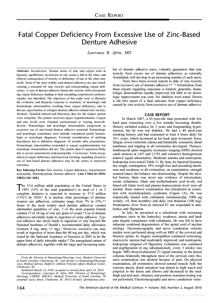 Fatal Copper Deficiency From Excessive Use of Zinc-Based Denture Adhesive