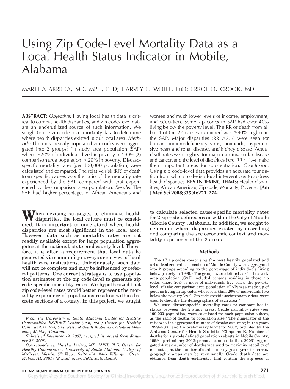 Using Zip Code-Level Mortality Data as a Local Health Status Indicator in Mobile, Alabama