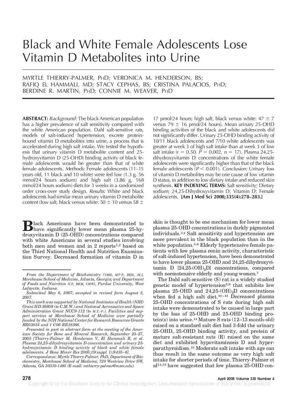 Black and White Female Adolescents Lose Vitamin D Metabolites into Urine