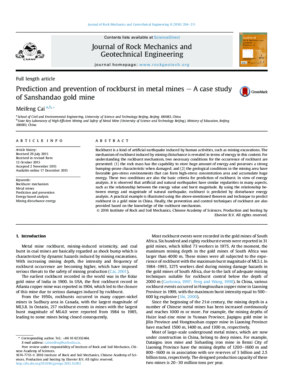 Prediction and prevention of rockburst in metal mines – A case study of Sanshandao gold mine 
