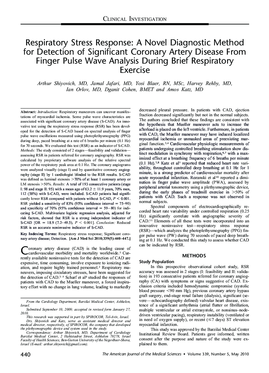 Respiratory Stress Response: A Novel Diagnostic Method for Detection of Significant Coronary Artery Disease From Finger Pulse Wave Analysis During Brief Respiratory Exercise