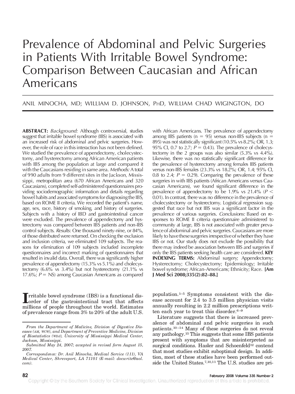 Prevalence of Abdominal and Pelvic Surgeries in Patients With Irritable Bowel Syndrome: Comparison Between Caucasian and African Americans