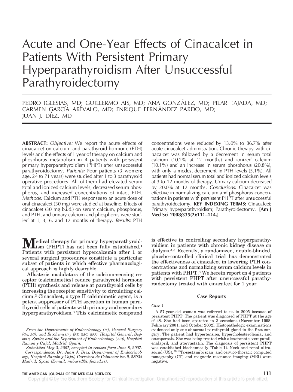 Acute and One-Year Effects of Cinacalcet in Patients With Persistent Primary Hyperparathyroidism After Unsuccessful Parathyroidectomy