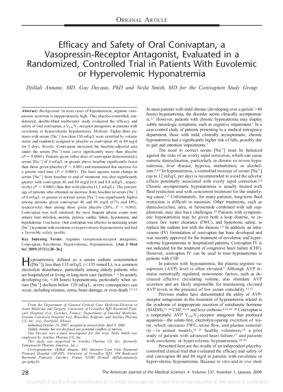 Efficacy and Safety of Oral Conivaptan, a Vasopressin-Receptor Antagonist, Evaluated in a Randomized, Controlled Trial in Patients With Euvolemic or Hypervolemic Hyponatremia