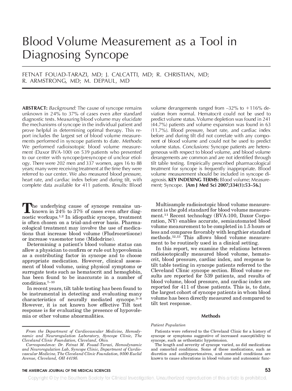 Blood Volume Measurement as a Tool in Diagnosing Syncope