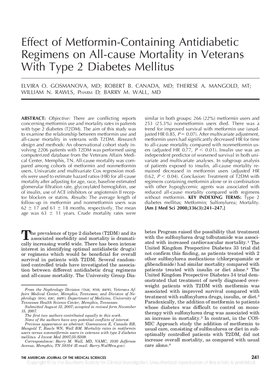 Effect of Metformin-Containing Antidiabetic Regimens on All-cause Mortality in Veterans With Type 2 Diabetes Mellitus