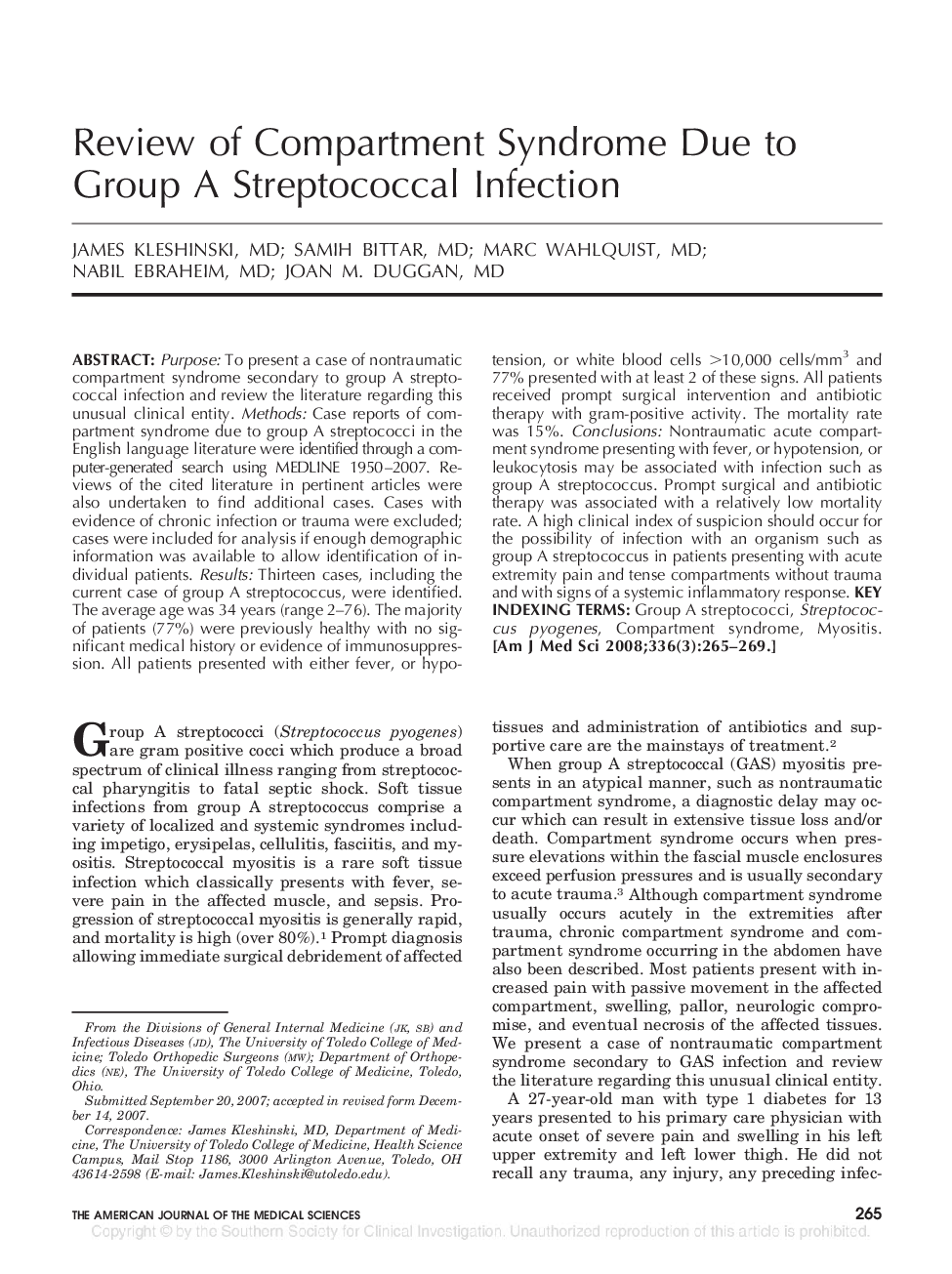 Review of Compartment Syndrome Due to Group A Streptococcal Infection