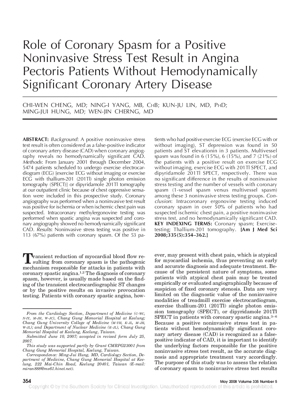 Role of Coronary Spasm for a Positive Noninvasive Stress Test Result in Angina Pectoris Patients Without Hemodynamically Significant Coronary Artery Disease