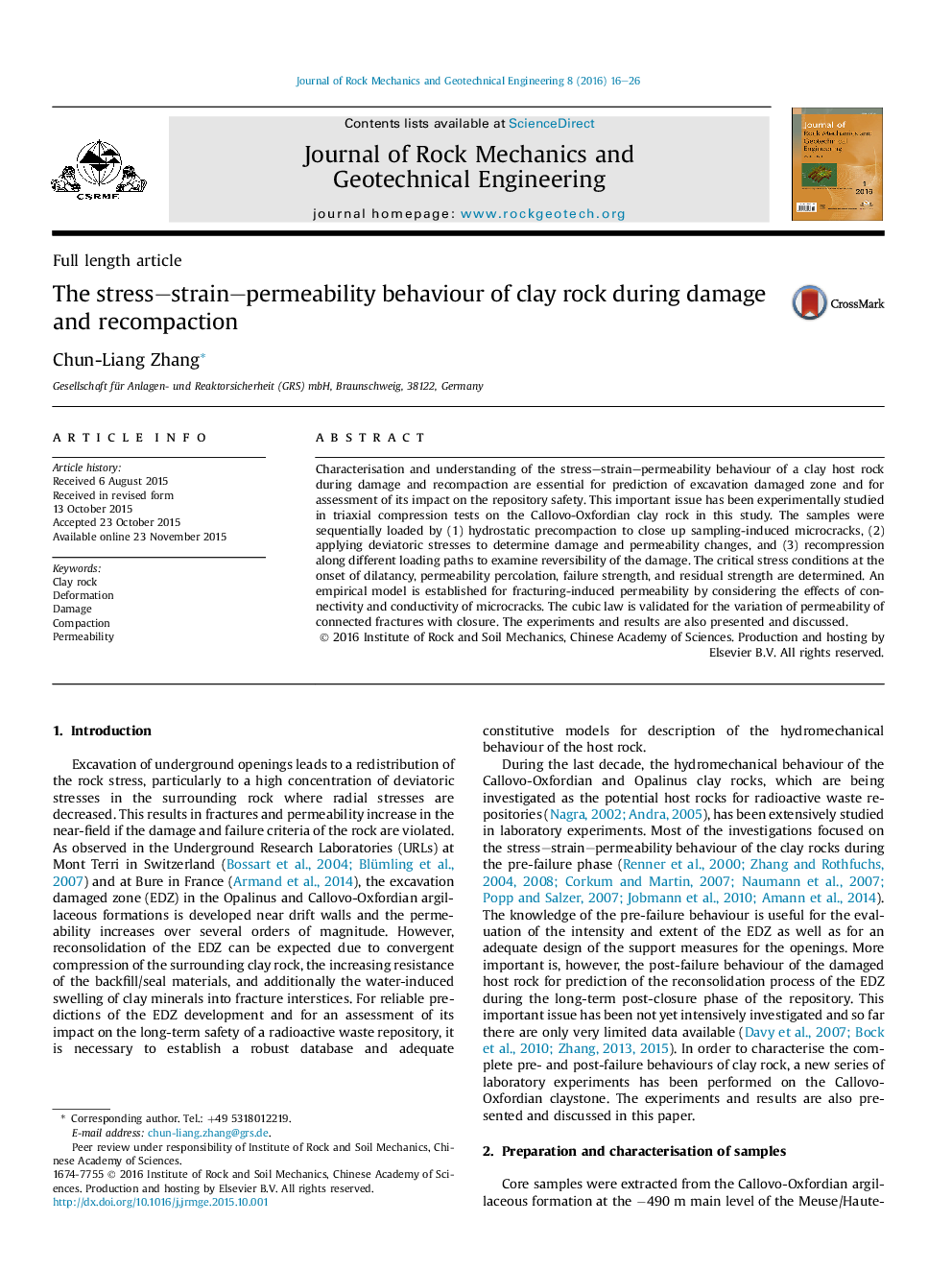 The stress–strain–permeability behaviour of clay rock during damage and recompaction 