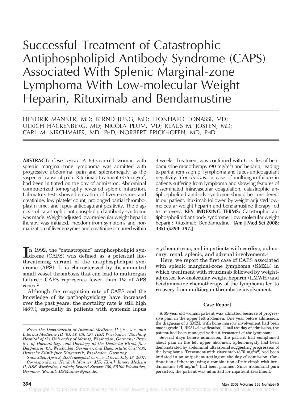 Successful Treatment of Catastrophic Antiphospholipid Antibody Syndrome (CAPS) Associated With Splenic Marginal-zone Lymphoma With Low-molecular Weight Heparin, Rituximab and Bendamustine