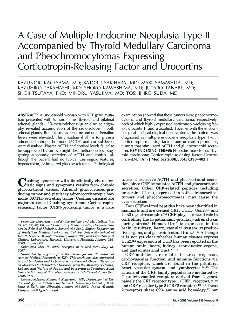 A Case of Multiple Endocrine Neoplasia Type II Accompanied by Thyroid Medullary Carcinoma and Pheochromocytomas Expressing Corticotropin-Releasing Factor and Urocortins