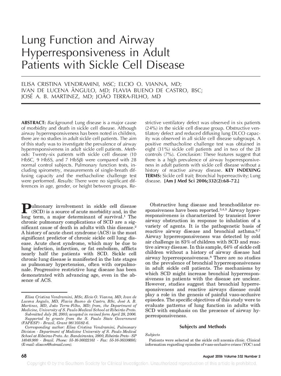 Lung Function and Airway Hyperresponsiveness in Adult Patients with Sickle Cell Disease