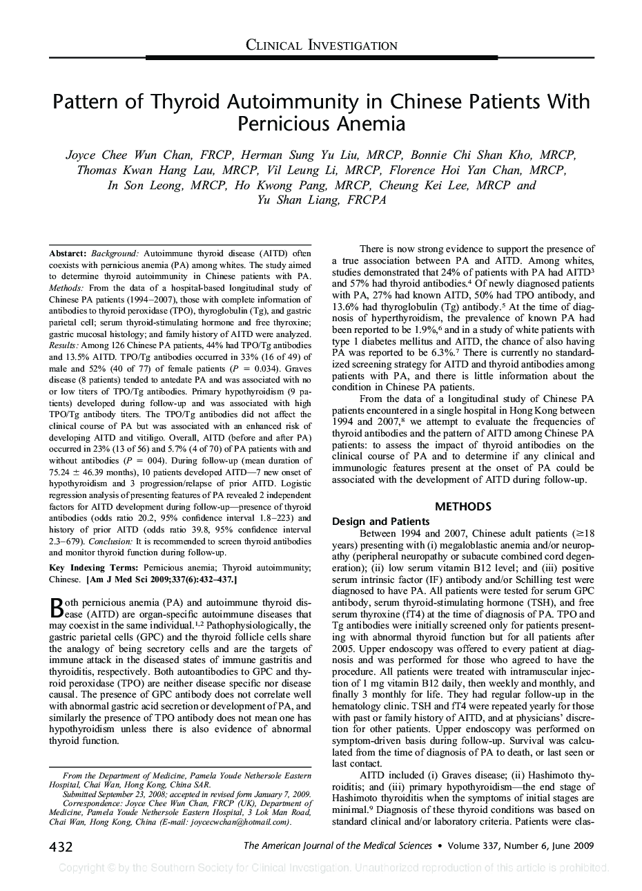 Pattern of Thyroid Autoimmunity in Chinese Patients With Pernicious Anemia