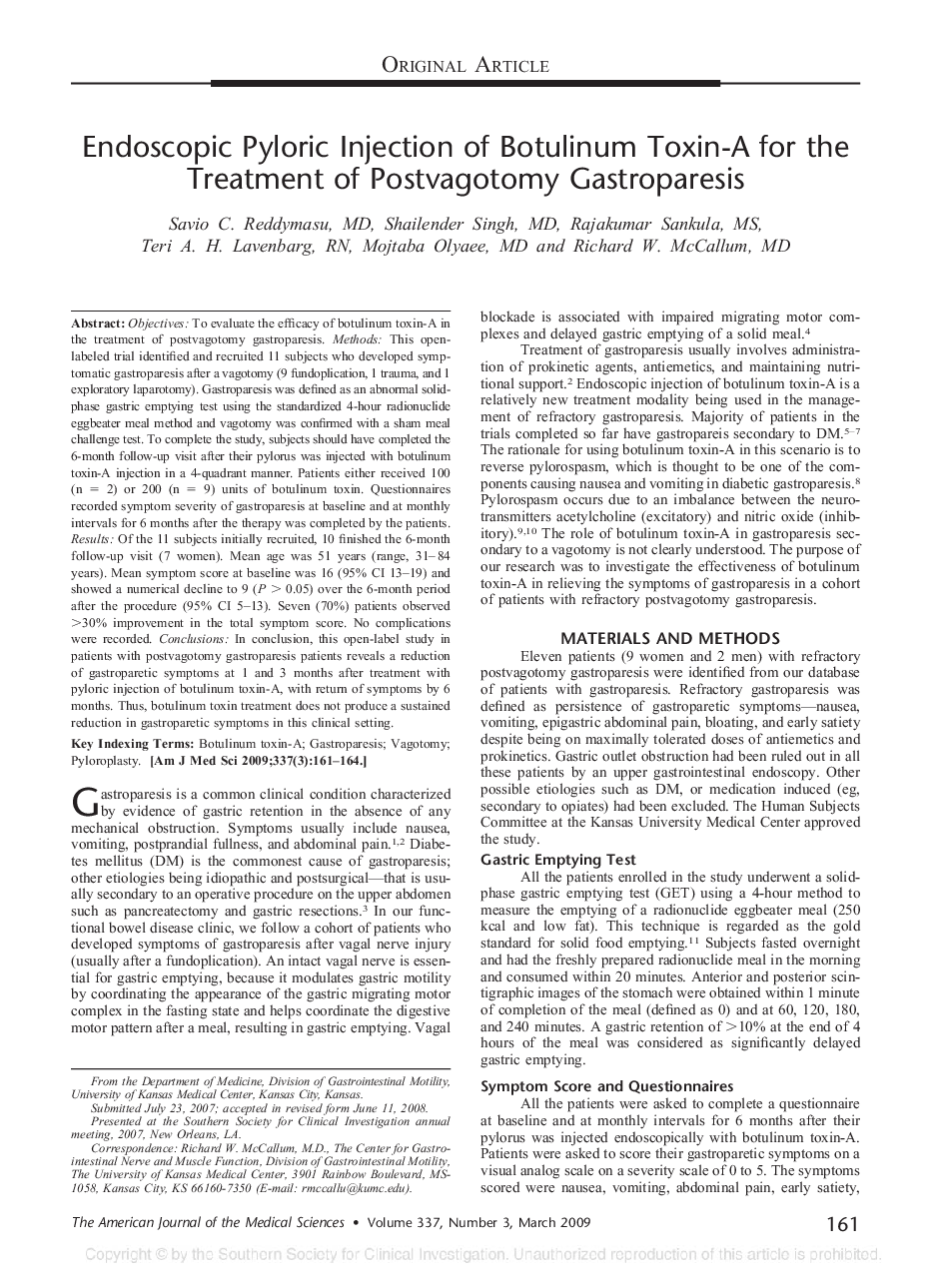 Endoscopic Pyloric Injection of Botulinum Toxin-A for the Treatment of Postvagotomy Gastroparesis