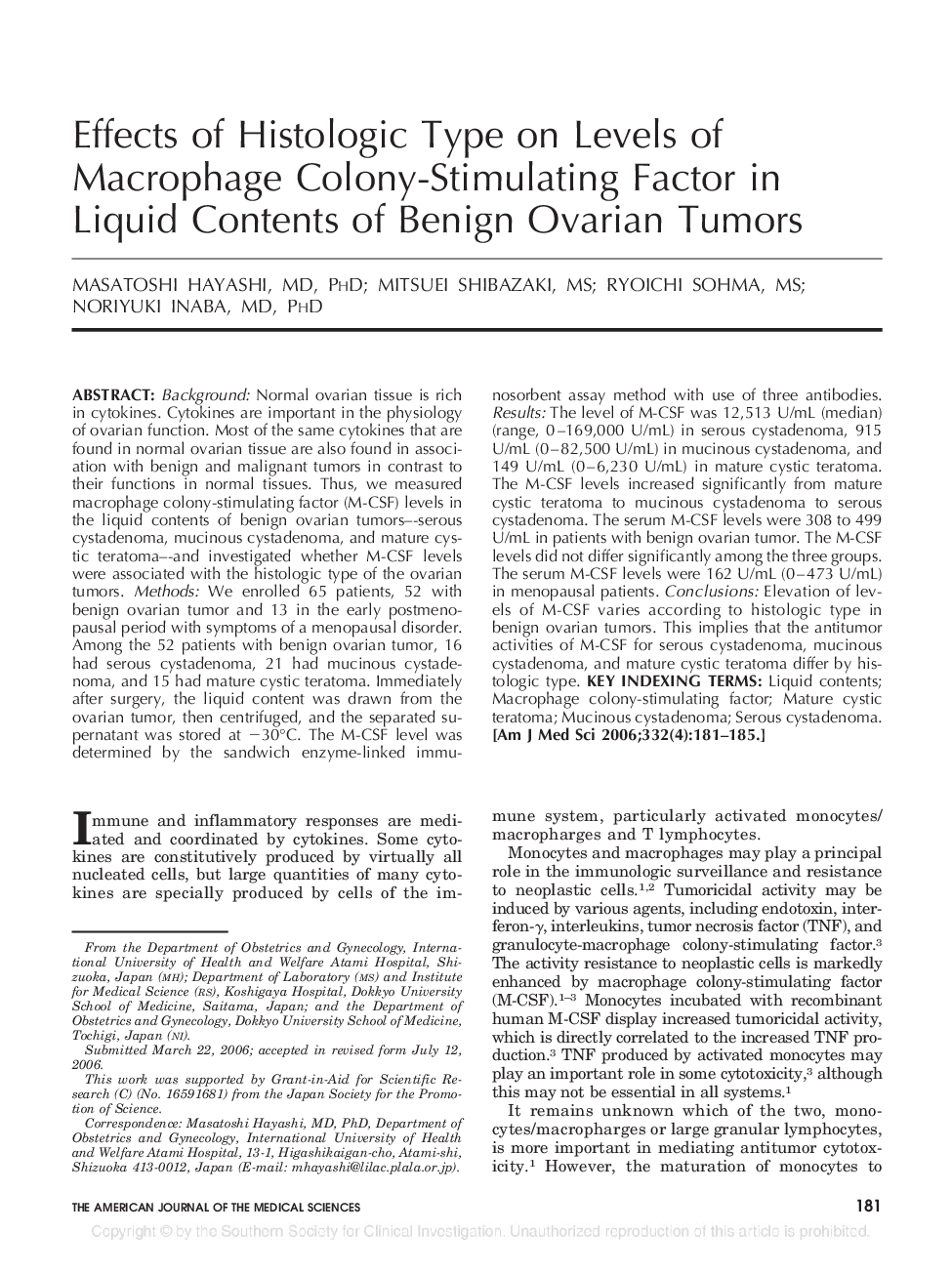 Effects of Histologic Type on Levels of Macrophage Colony-Stimulating Factor in Liquid Contents of Benign Ovarian Tumors