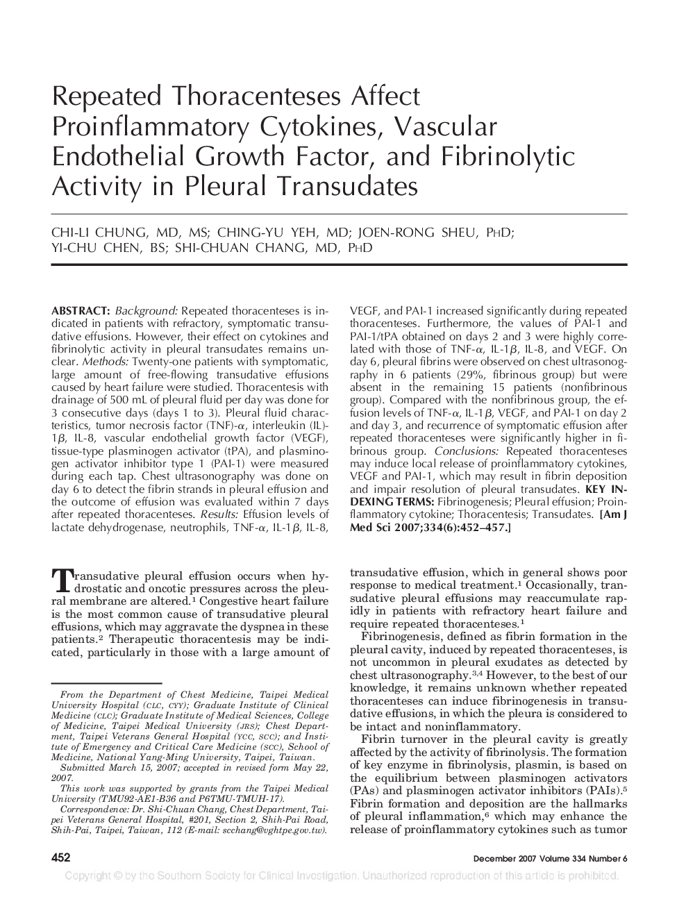 Repeated Thoracenteses Affect Proinflammatory Cytokines, Vascular Endothelial Growth Factor, and Fibrinolytic Activity in Pleural Transudates