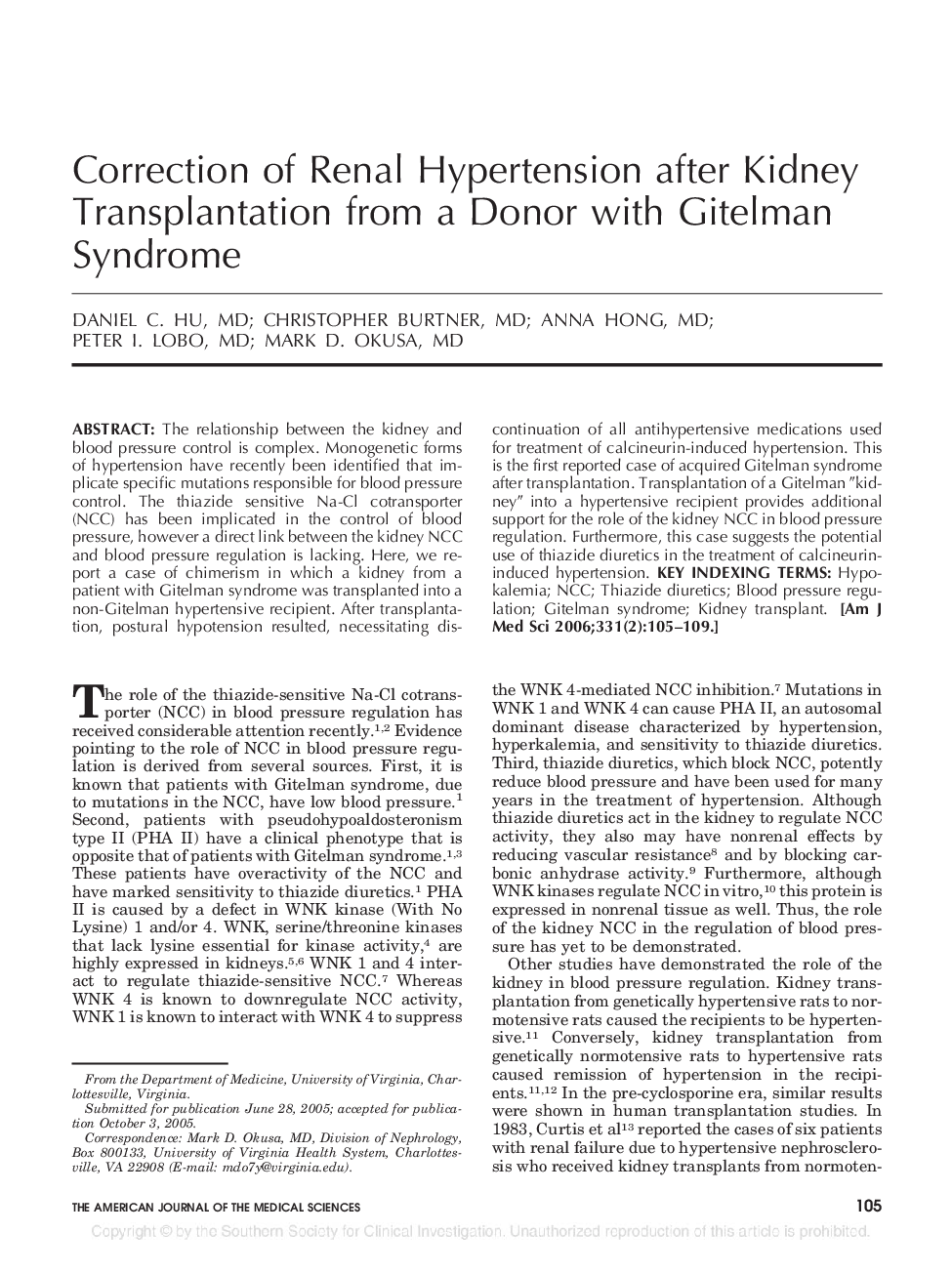 Correction of Renal Hypertension after Kidney Transplantation from a Donor with Gitelman Syndrome