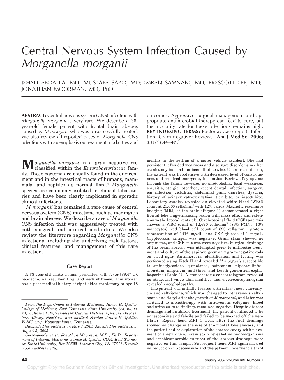 Central Nervous System Infection Caused by Morganella morganii