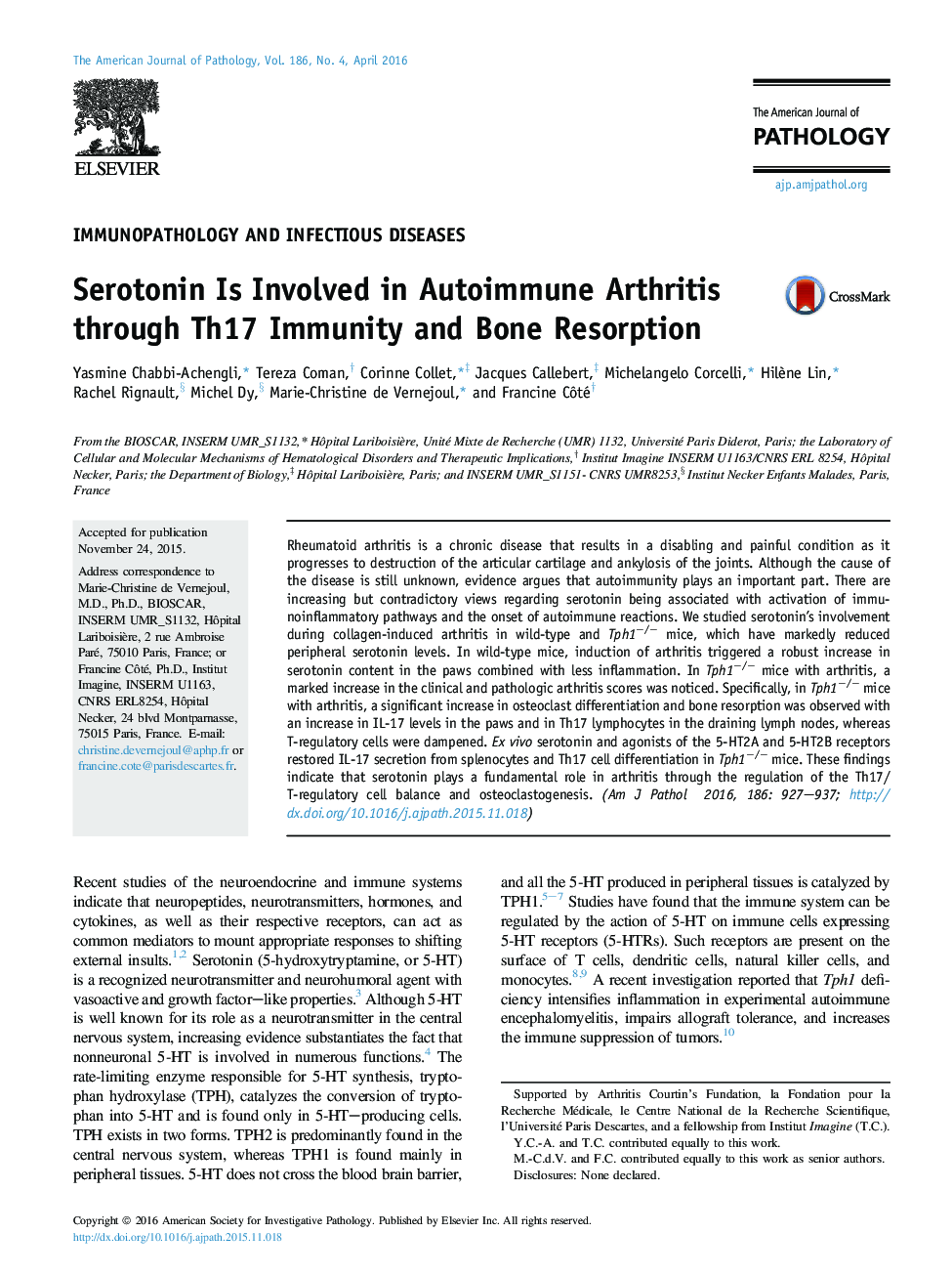 Serotonin Is Involved in Autoimmune Arthritis through Th17 Immunity and Bone Resorption 