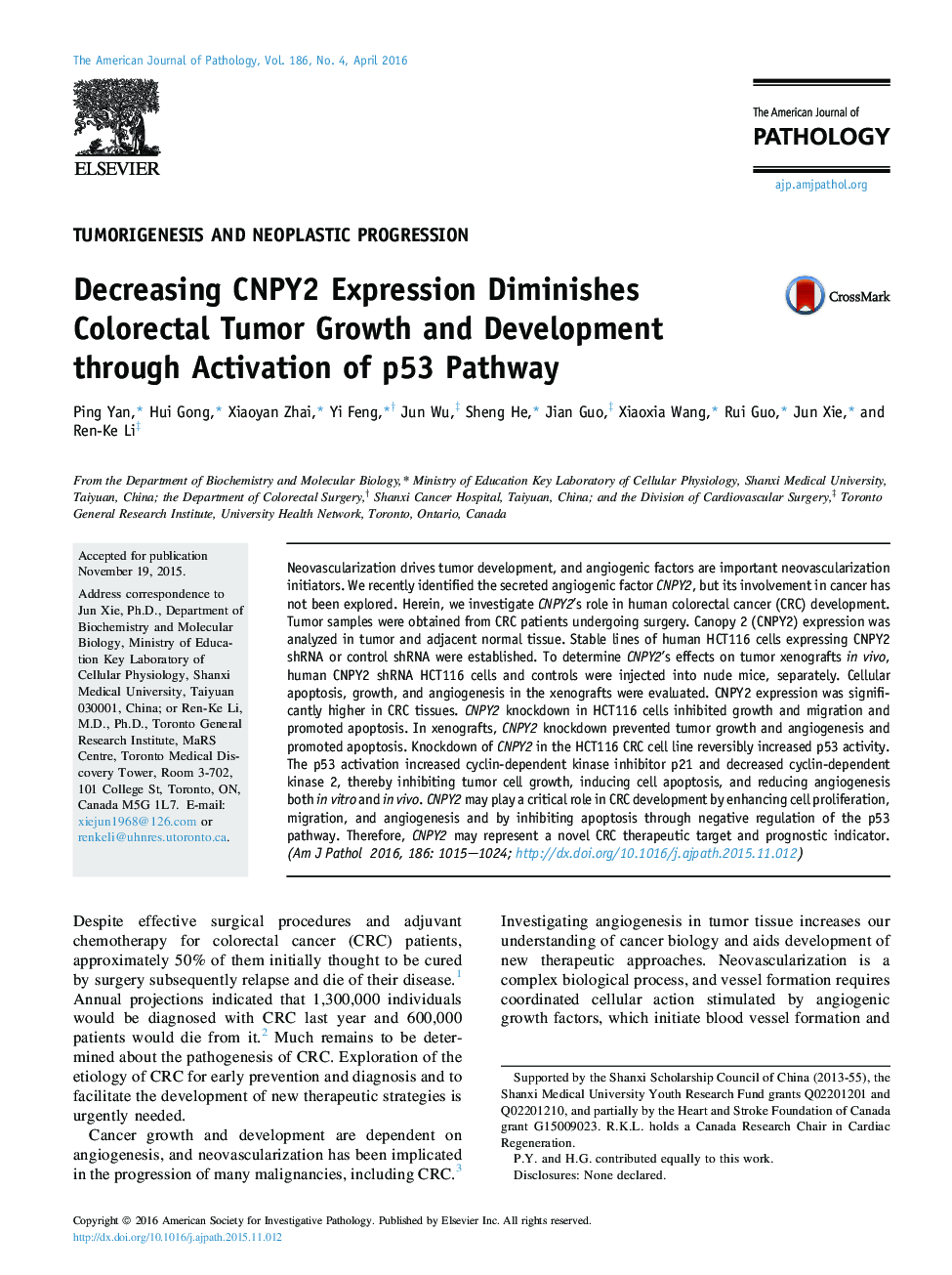 Decreasing CNPY2 Expression Diminishes Colorectal Tumor Growth and Development through Activation of p53 Pathway 