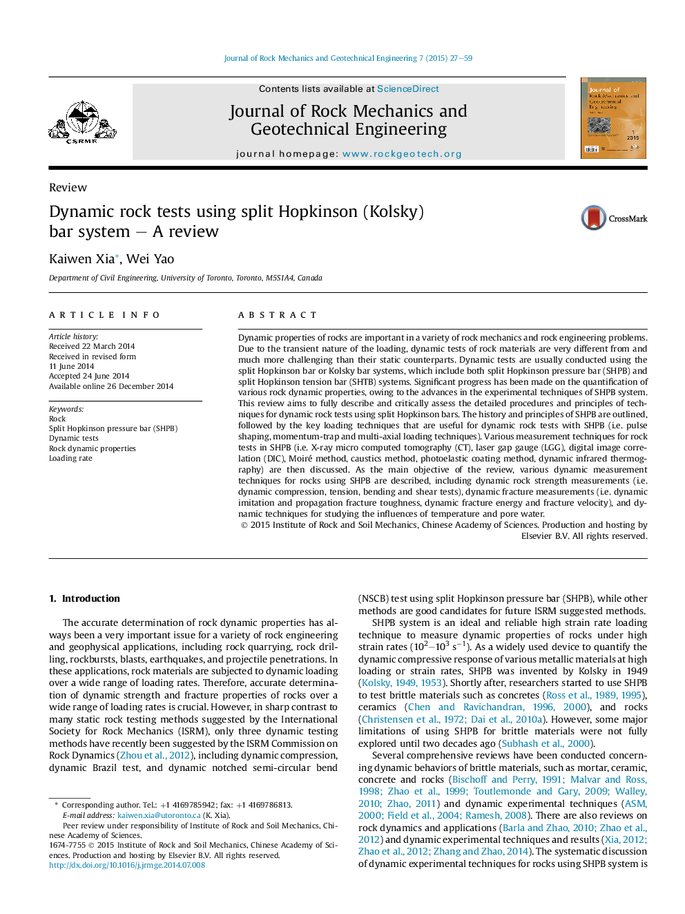 Dynamic rock tests using split Hopkinson (Kolsky) bar system – A review 