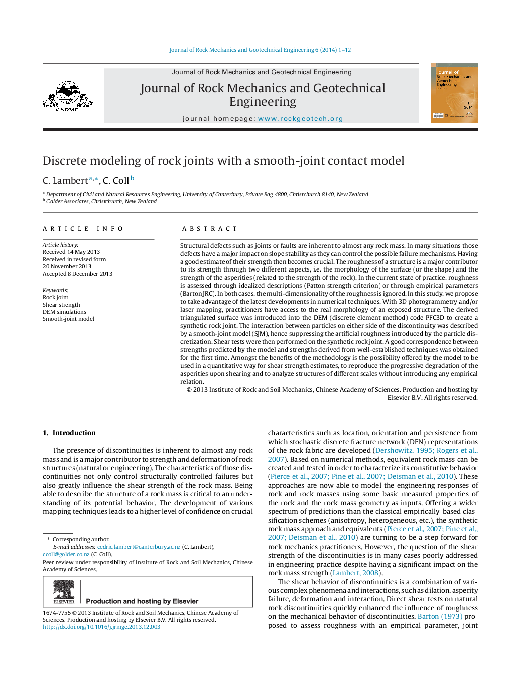 Discrete modeling of rock joints with a smooth-joint contact model 