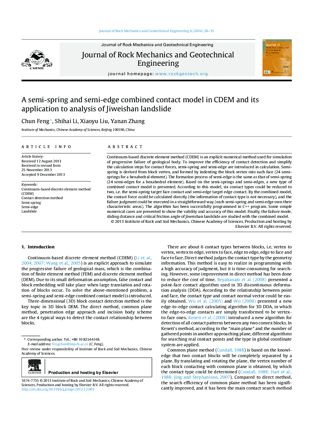 A semi-spring and semi-edge combined contact model in CDEM and its application to analysis of Jiweishan landslide 